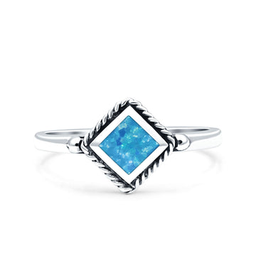 Square Vintage Style Petite Dainty Lab Created Blue Opal Ring Solid Oxidized 925 Sterling Silver